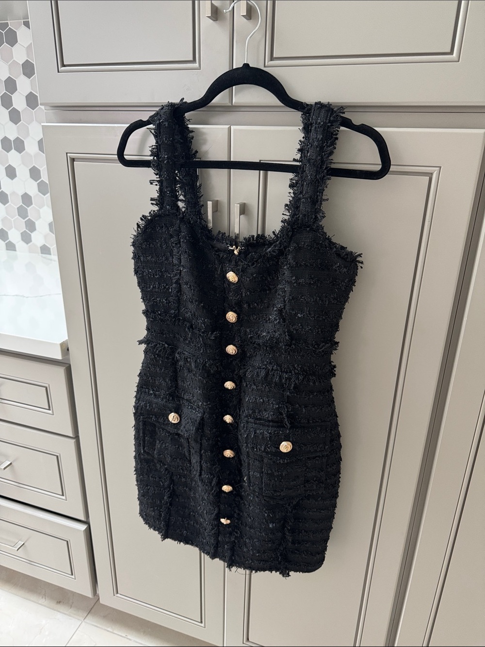 Aqua Black Tweed Mini Dress with Gold Buttons